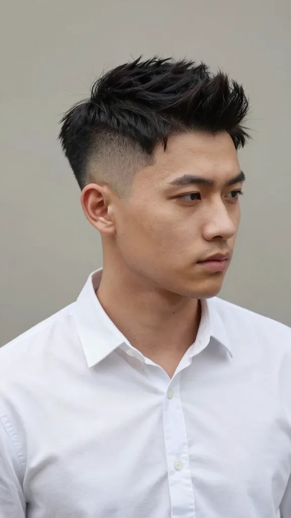 Create a high-resolution, realistic portrait of a stylish man in his late 20s to early 30s with a bold high fade on the sides that blends into a gentle, softly styled top. The sides are dramatically clipped short with a seamless taper, while the hair on top remains longer, lightly textured, and brushed with a natural, subtle sheen from a light pomade. The overall look is daring yet approachable, embodying a statement hairstyle without heavy styling. The subject should have a confident, relaxed pose&mdash;slightly angled to showcase the dramatic fade and the softer top. He wears a smart-casual outfit (e.g., a clean, well-fitted white button-down shirt or a neutral-toned polo) to keep the focus on the hair. The lighting is natural and flattering, with soft shadows that accentuate the contrast between the bold sides and the gentle top. The background is neutral and unobtrusive, such as a soft gray or warm beige, to ensure the subject stands out. No text or logos on the image.