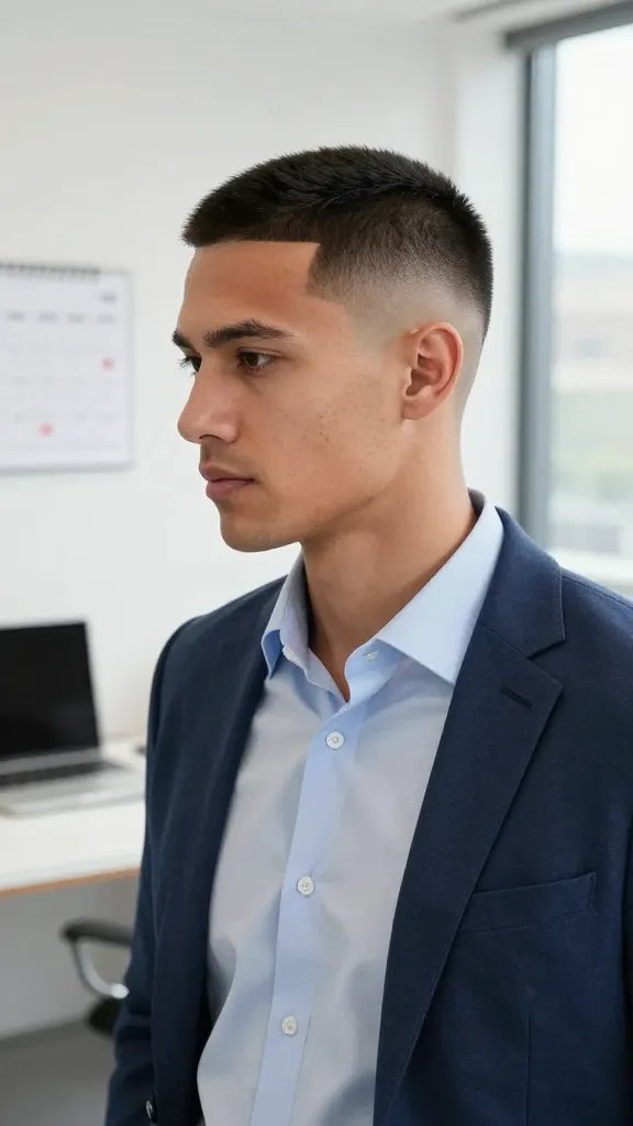 Create a high-resolution, realistic photo of a stylish man with a classic crew drop haircut (The Classic Crew Drop) standing in a clean, modern office environment. The top is kept short but noticeably textured, smoothly tapering into a precise drop fade along the sides and back. The subject should have clean, sharp edges at the hairline and a subtle, confident expression, reflecting a busy professional who still cares about appearance. He is wearing a crisp, well-fitted light-blue dress shirt with the top button undone, no tie, and a tailored navy blazer draped over his shoulders. The background features a sleek workstation with a laptop, a minimalist calendar, and soft natural light streaming in through a window, creating a professional yet approachable atmosphere. Ensure realistic skin tones, detailed hair texture, and natural shadows, with the focus clearly on the hair silhouette and haircut quality. No text on the image.