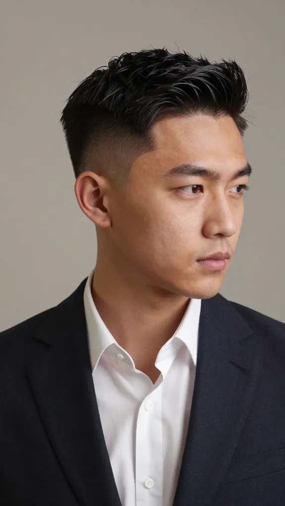 A high-resolution, cinematic portrait of a stylish man with a side-swept drop fade: slightly longer hair on top swept to the side in a controlled, elegant fashion, sharp fade along the temples and sides, clean taper at the back, subtle shine on damp-looking hair, wearing a tailored dark blazer over a crisp white shirt, neutral studio background, natural skin tones, soft directional lighting to highlight the structure and precision of the fade, no visible text, realistic/photo realism. The subject exudes confidence and attention to detail, with a refined, modern aesthetic.