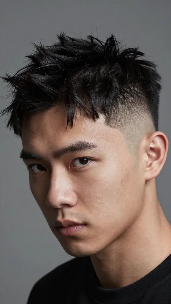 Create a hyper-realistic, high-resolution portrait of a stylish man with a bold Burst Fade hairstyle featuring a shallow burst fade around the temples and a textured, rough choppy top. The subject should be photographed in a clean, modern studio setting with dramatic, high-contrast lighting that emphasizes the sharp fade lines and the textured top, casting soft shadows to enhance depth. The background should be a neutral, seamless gray to ensure the hair silhouette reads clearly. The man has a confident expression, slight tilt of the head, and direct stare toward the camera to convey photogenic quality for social feeds. Ensure the hair texture on top shows irregular, jagged, piecey strands for a rugged, fashion-forward look, while the fade remains precise and seamless. No text on the image.