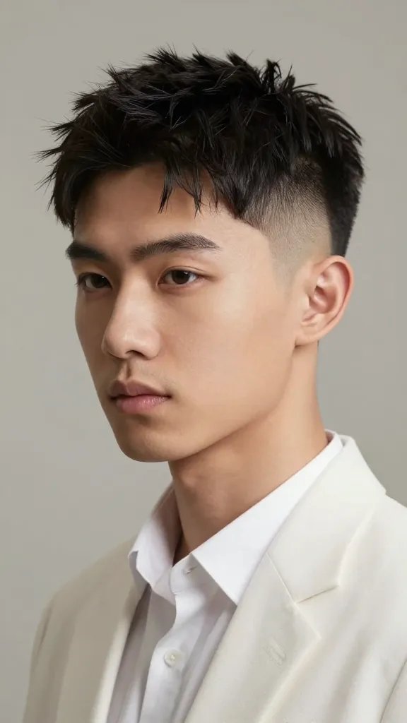 Create a high-resolution, hyper-realistic portrait of a stylish man showcasing the 9. Whisper Fade with Quiff. The subject has a soft, seamless fade on the sides that gradually blends into a quiet, voluminous quiff on top. The quiff should be lifted slightly by light styling, with a natural shine from a light wax, giving a clean but effortlessly cool look. The man should be dressed in smart-casual attire, suitable for both formal and casual settings (e.g., a crisp white shirt with a tailored blazer or a neat collared shirt for versatility). The lighting is soft and flattering, with natural daylight coming from the front-left, creating gentle shadows that define the fade and quiff without harsh contrasts. The background is neutral and unobtrusive to keep full focus on the hairstyle. The overall mood is low-drama yet confident, suitable for a lifestyle magazine feature. The image should look like a single, studio-quality photograph with crisp detail in hair texture, skin, and fabric, and no text or logos on the image.