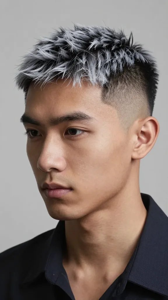 Create a high-resolution, realistic portrait of a stylish man with a modern drop fade hairstyle featuring a sharp, pronounced drop fade on the sides and back, transitioning into a cool, frosted edge on top. The top should have a textured, matte finish with a subtle, icy highlight at the crown to evoke the frosted effect, avoiding shine or glare under studio lighting. The look should appear trend-forward and sophisticated, suitable for a contemporary fashion editorial, with a natural skin tone, clean facial features, and a confident, relaxed expression. The subject is styled in a minimalist, dark, well-fitted shirt to emphasize the haircut, against a soft, neutral backdrop that enhances the frosted top without distraction. Ensure high realism with detailed hair strands, precise fade lines, and natural skin textures, suitable for a magazine-quality image. No text on the image.