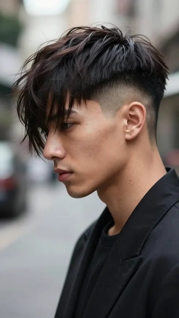 A high-resolution, realistic portrait of a stylish man with a bold layered undercut drop hairstyle, showcasing pronounced layered strands with a clean undercut peeking through a subtle fade. The subject is posed in a dramatic three-quarter view with a deep side part that clearly defines the silhouette and enhances movement from crown to nape. The lighting is natural and cinematic, highlighting the texture and volume of the layered sections while casting soft shadows to emphasize depth. The overall look is rebellious yet tasteful, with strong, confident facial expression and a fitted modern outfit that complements the hair. The background should be softly blurred urban setting to emphasize the hairstyle, with no text or logos present.