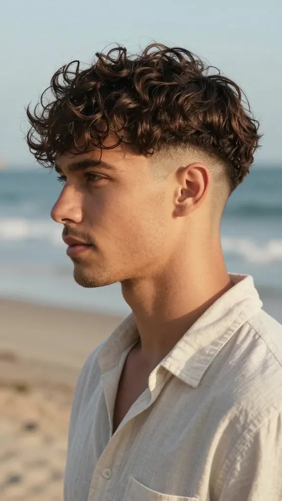 Create a hyper-realistic, high-resolution portrait of a stylish man showcasing a 12. The Wavy Drop Fade hairstyle. The subject has natural, beachy waves with a subtle, relaxed texture. The sides and back fade tightly near the ears, blending smoothly into the longer wavy top that falls gently and naturally. The man is in a casual, sunlit coastal setting, wearing a light, breathable shirt (neutral color) with a relaxed posture that conveys an easygoing, breezy vibe. The lighting is warm and natural, highlighting the sea-salt textured waves and the clean fade line at the temples. Subtle details include a soft, matte finish on the hair to emphasize the air-dry, beachy look, delicate sea-salt spray texture on the waves, and a hint of a sun-kissed complexion. The background is slightly blurred to keep the focus on the hairstyle, but still evokes a beachy atmosphere with soft blues and sandy tones. No text or branding anywhere in the image.