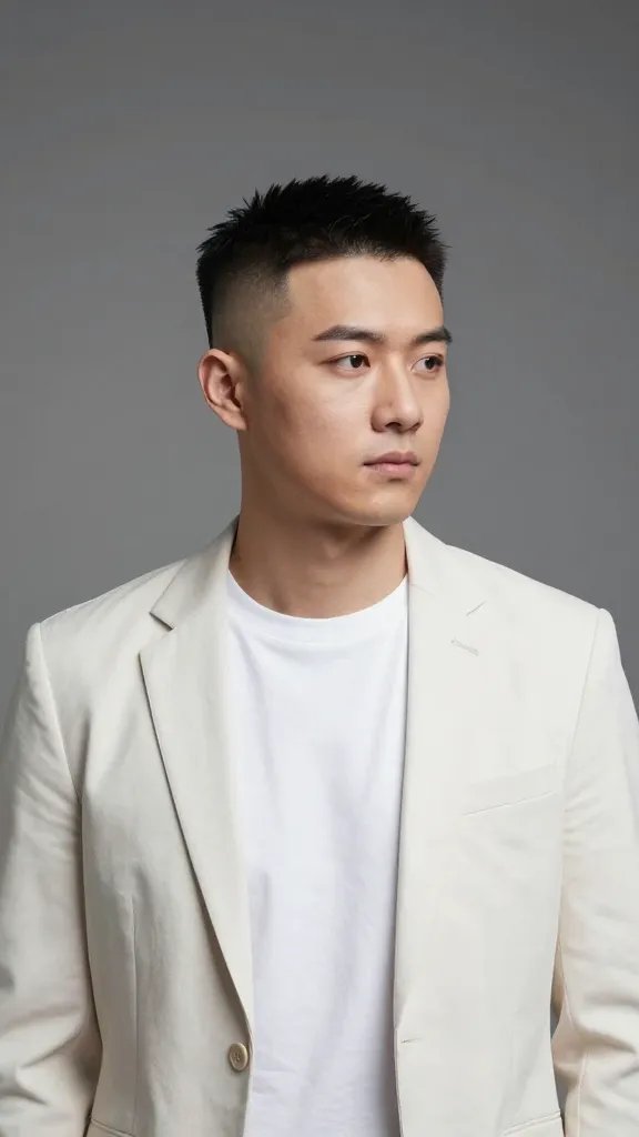 A high-resolution, photorealistic portrait of a stylish adult man with a minimalist fade haircut: near-skin fade on the sides and back, a gentle, slightly longer top that maintains a clean, polished silhouette with subtle texture. The subject stands in a neutral studio setting with soft, even lighting, wearing a tailored minimalist outfit (e.g., a crisp white crew-neck tee or a simple blazer) to convey versatility and timelessness. The background is a muted, seamless gradient (cool gray to charcoal) to keep focus on the haircut. The expression is confident and relaxed, with a natural pose that emphasizes the clean line of the fade and the understated top. No text on the image.