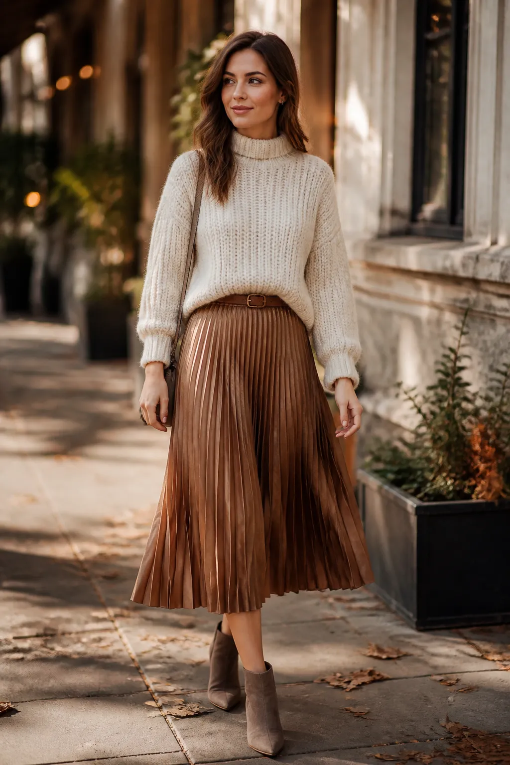 Chunky Knit Sweater and Pleated Midi Skirt