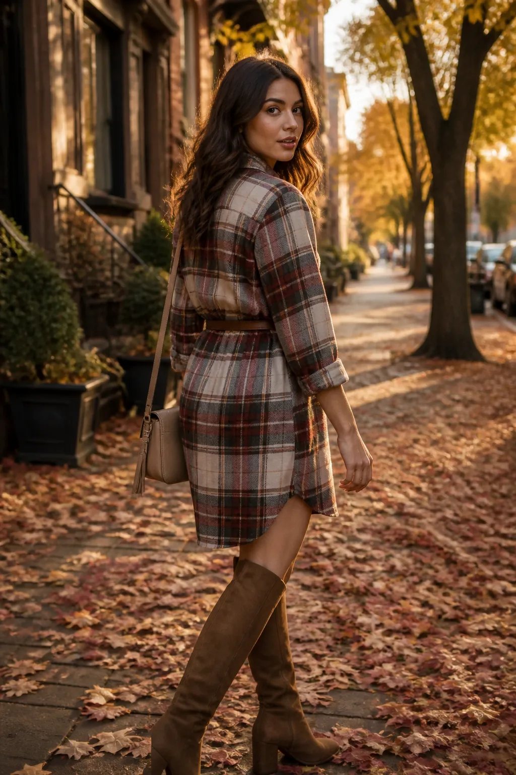 Flannel Shirt Dress with Leather Belt