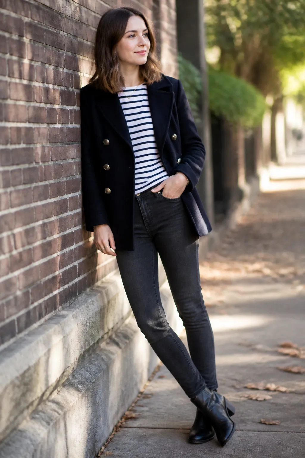 Peacoat, Striped Breton, and Dark Jeans