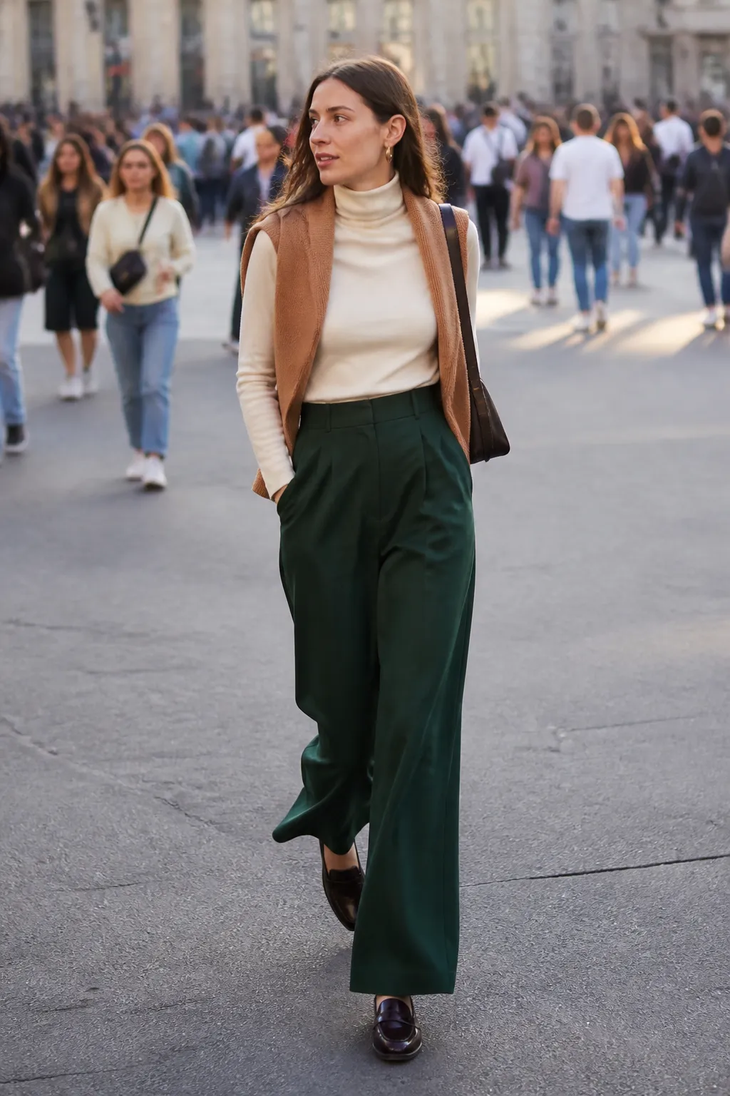 Sweater Vest, Turtleneck, and Wide-Leg Pants