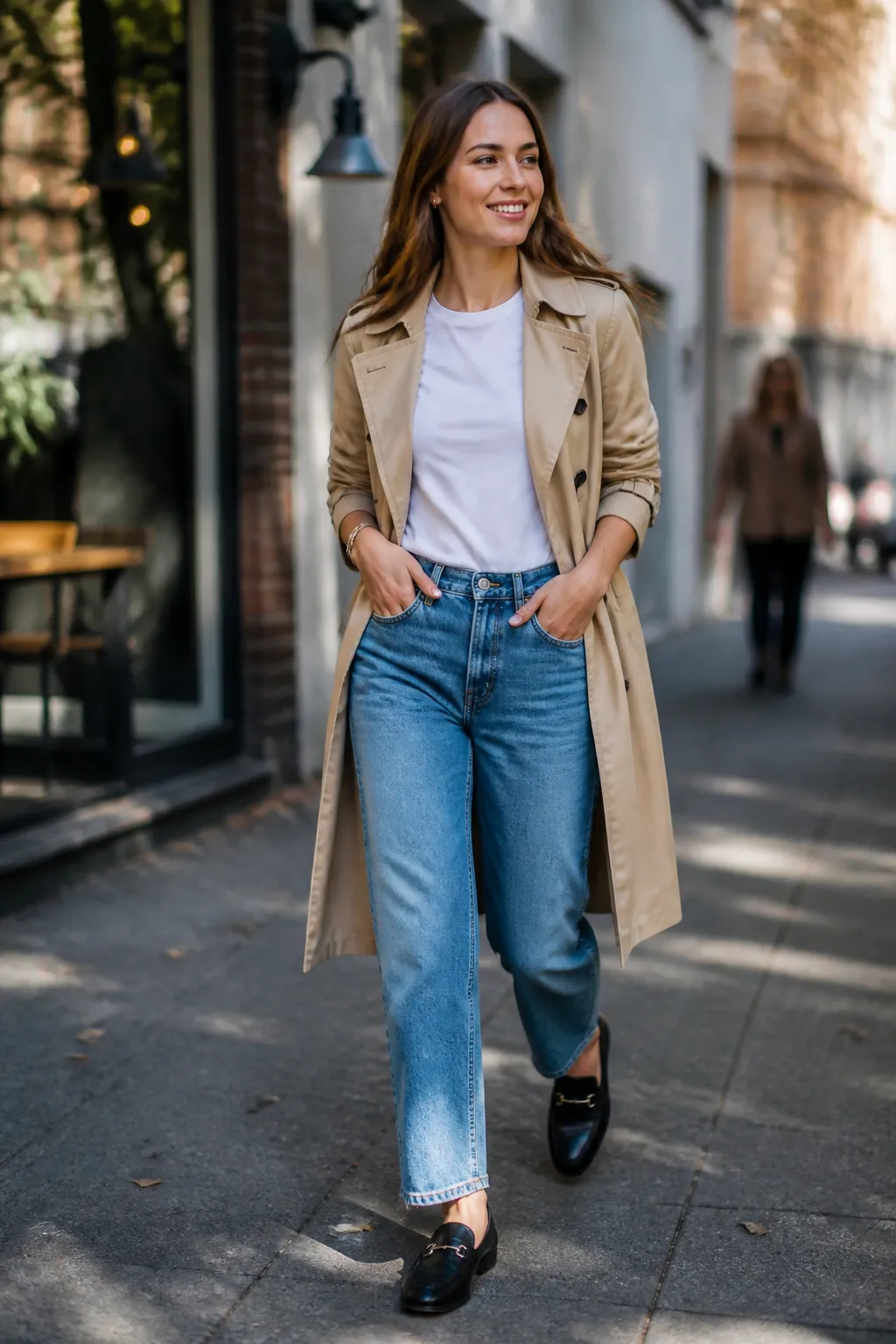 Trench Coat Over White Tee and Denim