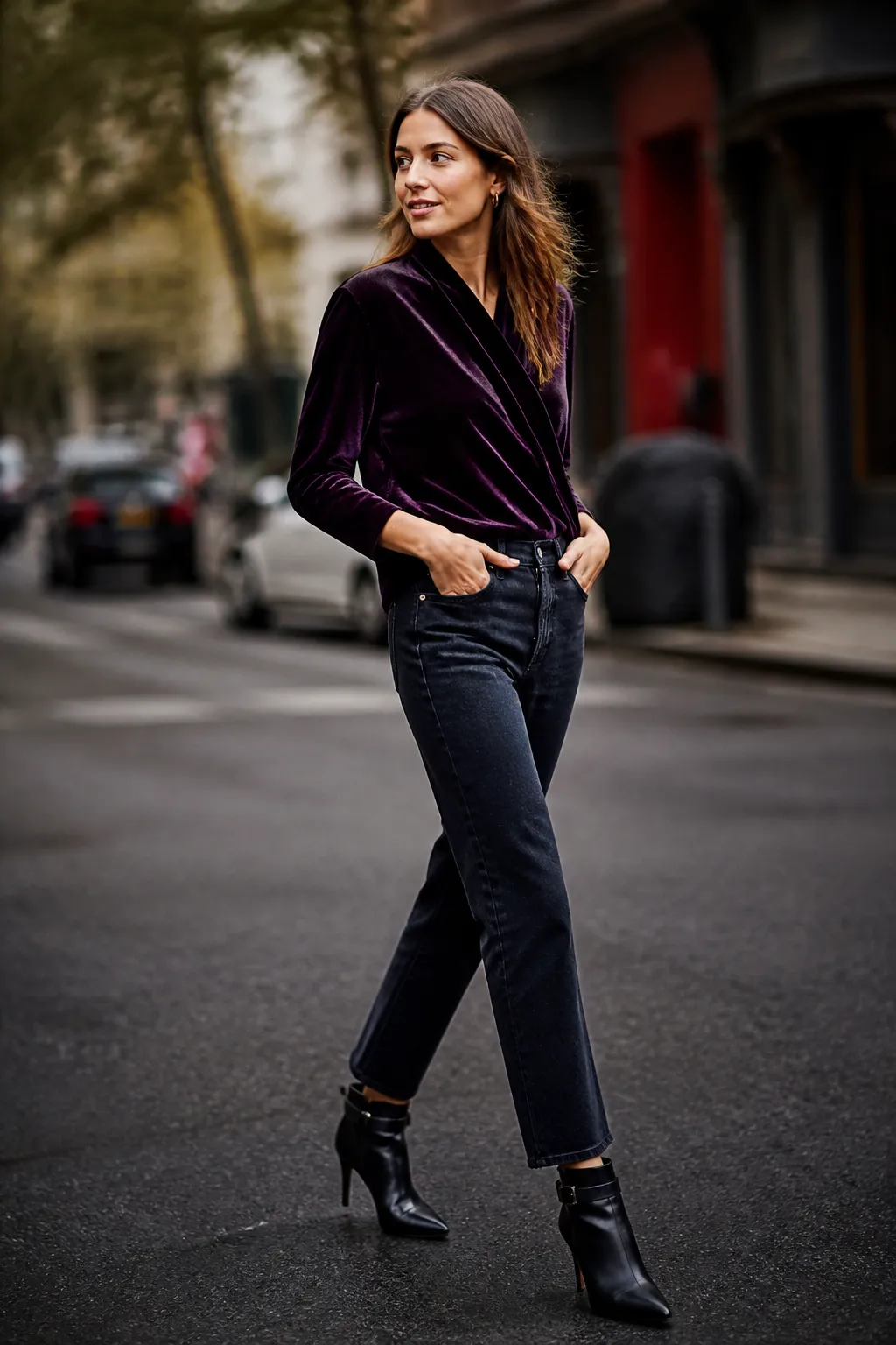 Velvet Top with Dark Denim and Heeled Boots